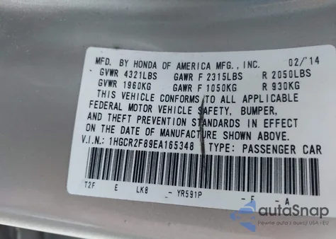 2014 Honda Accord Ex-L from USA, damaged, VIN 1HGCR2F89EA165348